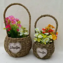 Plant Pots with Handles Natural Round Woven Seagrass Decorative Flower Basket