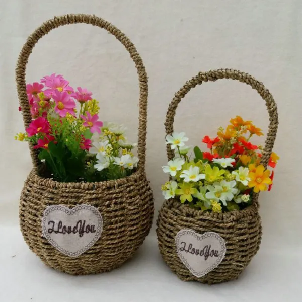 Plant Pots with Handles Natural Round Woven Seagrass Decorative Flower Basket