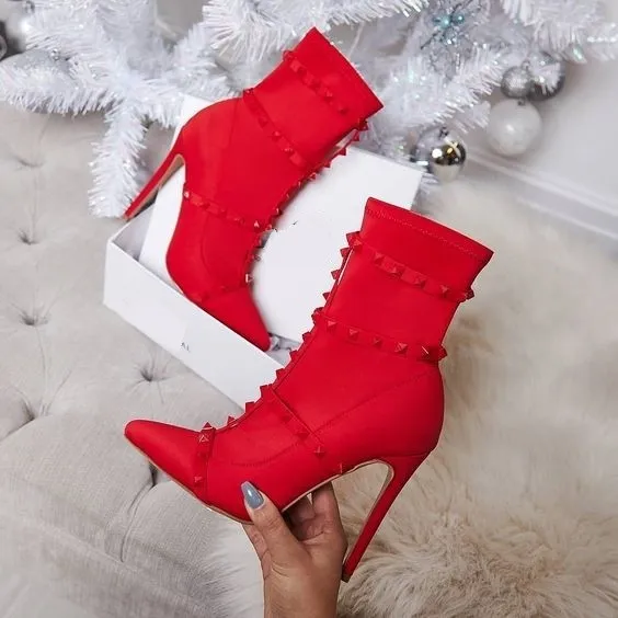 Stiletto Pointed Toe Stretch Rivet High Heel Ankle Bootes