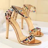 Metallic Bling Colorful Rivet Pointed Open Toe Buckle Chunky High Heels Sandals