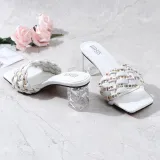 Weave Strap Square Toe Chunky Transparent Heels Slipper