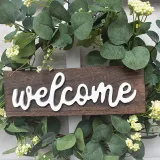 Welcome Slogan Eucalyptus Wreath with White Clusters Wood Front Door Decor