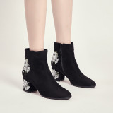 Women Suede Chunky heel Flower Pattern Short Boots
