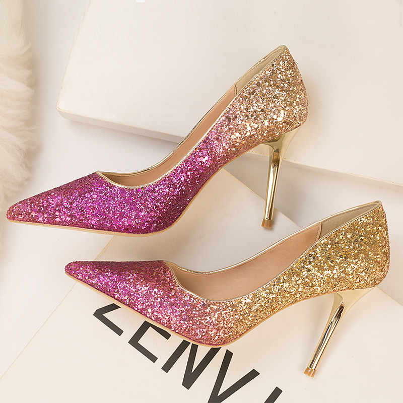 Pointed Toe Ombre Sequins High Heels Elegant Shoes