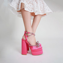 Luxury Sandals Slingback Shiny Glitter Butterfly Knot Chunky High Heel Women Pumps