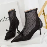 Women Mesh Dots Pointed Tow Stiletto Leather Heels Boots