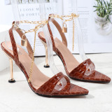 Metal Chain Ankle Pointed Open Toe Stiletto Heels PU Sandals