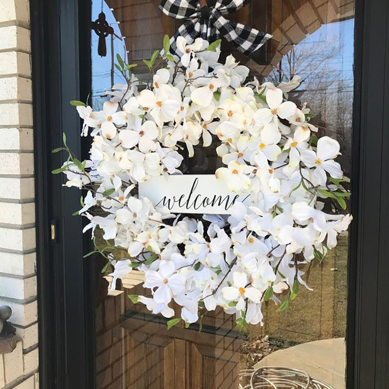 White Dogwood Wreath Plaids Bowknot Front Door Decor