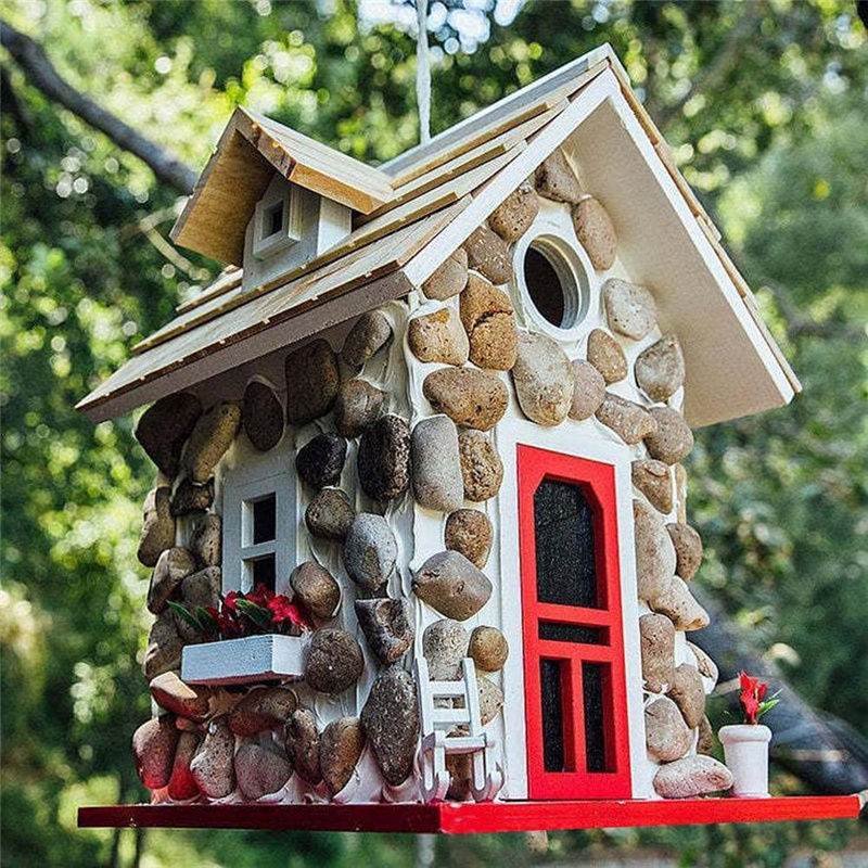 Stone Cottage Bird House Resin Craft Bird Feeder With Roof Twig Hanging