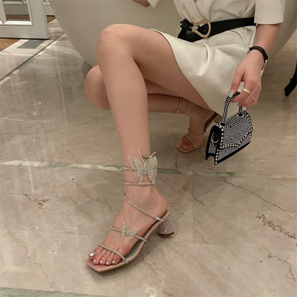 Women Sequins Jewelry Butterfly Tie Up Square Chunky Heel Sandals