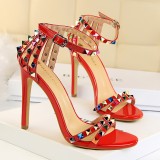 Metallic Bling Colorful Rivet Pointed Open Toe Buckle Chunky High Heels Sandals