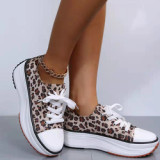 Casual White Leopard Print Thick Bottom Walking Shoes Low-cut Lace Up Canvas Sneaker