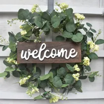 Welcome Slogan Eucalyptus Wreath with White Clusters Wood Front Door Decor