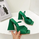 Satin Square Open Toe Party Triangle Chunky Heel Sandals