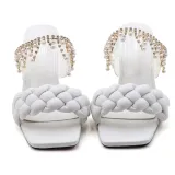 Women Pearls Jewelry Tassel Square Toe Chunky Heels Strap Slipper Sandals