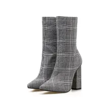 Women Suede Gray Lattice Chunky Heels Boots