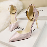 Leather Suede Metallic Slip On Chain Buckle High Heels Shoes