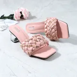 Weave Strap Square Toe Chunky Transparent Heels Slipper