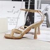 Women Sequins Cross Tie Square Toe Stiletto Heels Ankle Buckle Sandals
