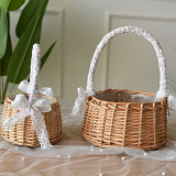 Handmade Rattan Flower Basket with Lace Wrapped Handle Wedding Flower Girl Flower Basket