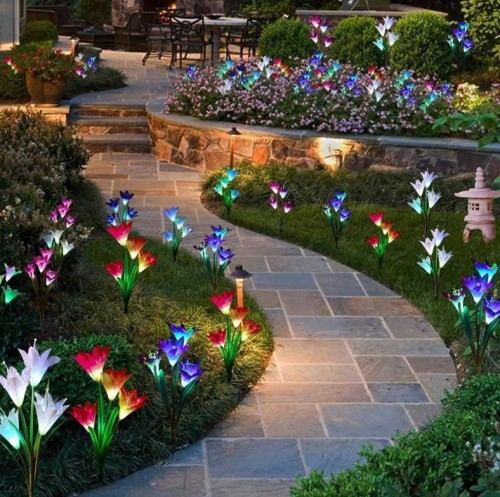 Lily Flower Color Changing Landscape LED Solar Flower Garden Lights