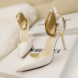 Leather Suede Metallic Slip On Chain Buckle High Heels Shoes