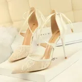 Mesh Pointed Toe Stiletto Heels Slingback Anckl Tie-up Formal Shoes