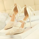 Mesh Pointed Toe Stiletto Heels Slingback Anckl Tie-up Formal Shoes