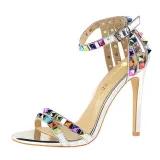 Metallic Bling Colorful Rivet Pointed Open Toe Buckle Chunky High Heels Sandals