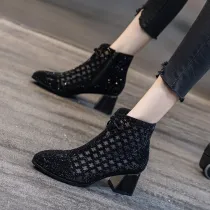 Solid Color Mesh Hollow Out Square Heel Closed Toe Flannel Shoes