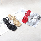 Women Solid Color Chunky Heels Sandal Square Toe Slippers