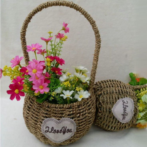 Plant Pots with Handles Natural Round Woven Seagrass Decorative Flower Basket