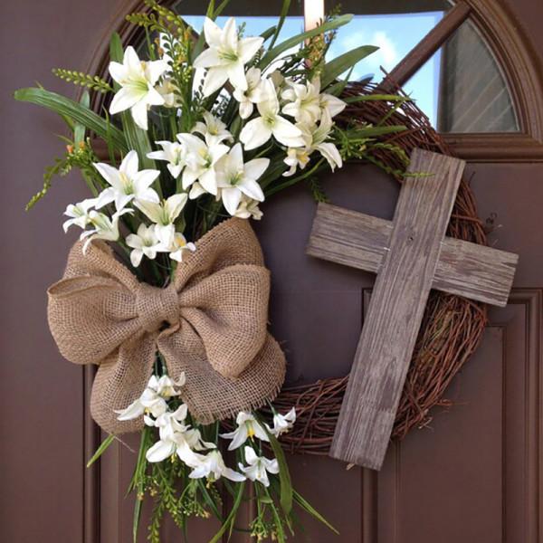 Easter Crucifix Wreath Door Decor Wood Wall Hanging Ornament
