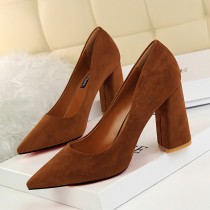 Retro Suede Solid Color Pumps Pointed Toe Chunky Heel Shoes