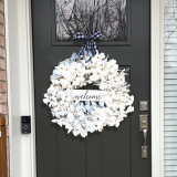 White Dogwood Wreath Plaids Bowknot Front Door Decor