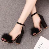 Suede Furry Buckle Open Toe Chunky Heel Sandals Shoes