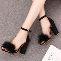 Suede Furry Buckle Open Toe Chunky Heel Sandals Shoes
