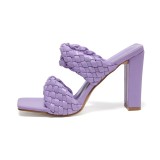 Women Weave Braided Block High Square Heel Bare Sandals Shoes