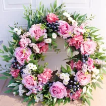 Pink Rose Wreath Front Door Decor Wood Hanging Ornament