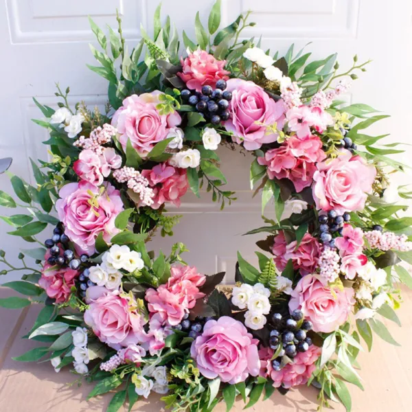 Pink Rose Wreath Front Door Decor Wood Hanging Ornament