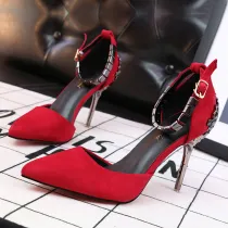 Leather Suede Metallic Slip On Chain Buckle High Heels Shoes