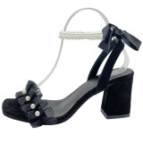 Women Chunky Heels Lace Strap Pearl Ankle Buckle Sandals