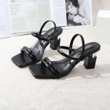 Women Solid Color Chunky Heels Sandal Square Toe Slippers