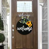 Welcome Slogan Wooden Doorplate Bowknot Flower Front Door Wall Hanging Decor