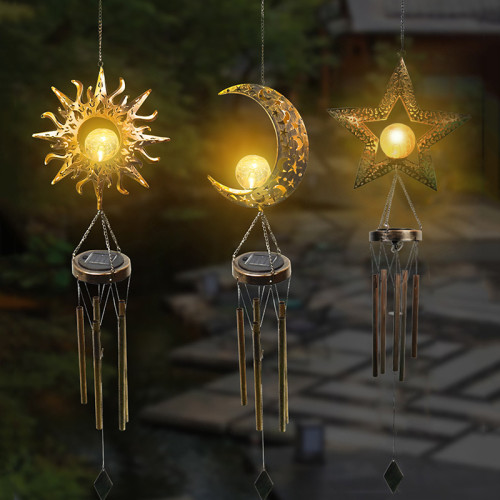 Hanging Type Moon Star Glass Ball Metal Solar Wind Chimes
