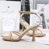 Women Sequins Cross Tie Square Toe Stiletto Heels Ankle Buckle Sandals