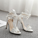 White Ruffles Buckle Lace Up Crossed High Heeled Shoes