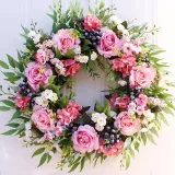 Pink Rose Wreath Front Door Decor Wood Hanging Ornament