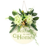 Welcome Slogan Round Wooden Plaque Flower Wreath Door Decor