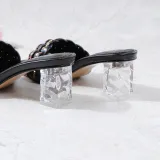 Weave Strap Square Toe Chunky Transparent Heels Slipper